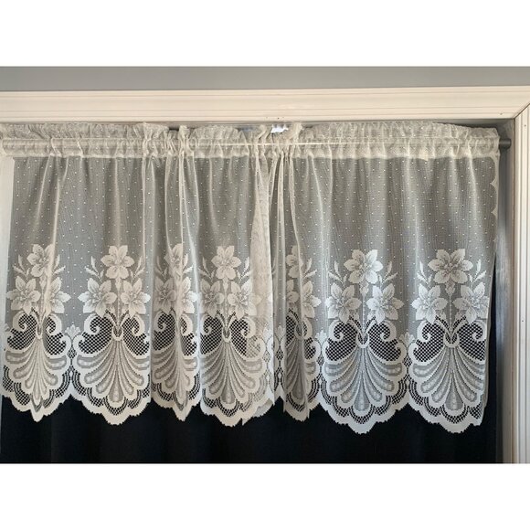 White Lace Window Valance Curtain Floral Design 25" Width X 54" Length Polyester - Picture 3 of 4